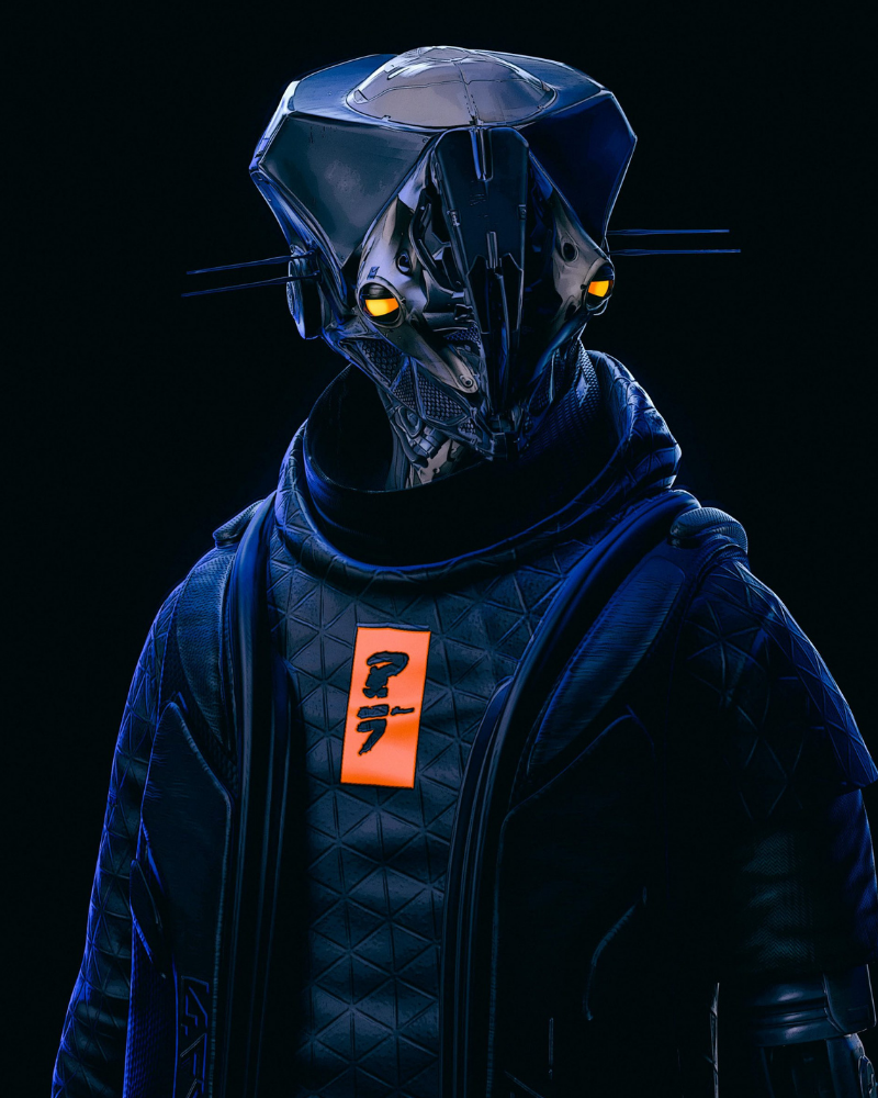 LV4 — legacy character, faceted helmet with glowing eyes and chest emblem