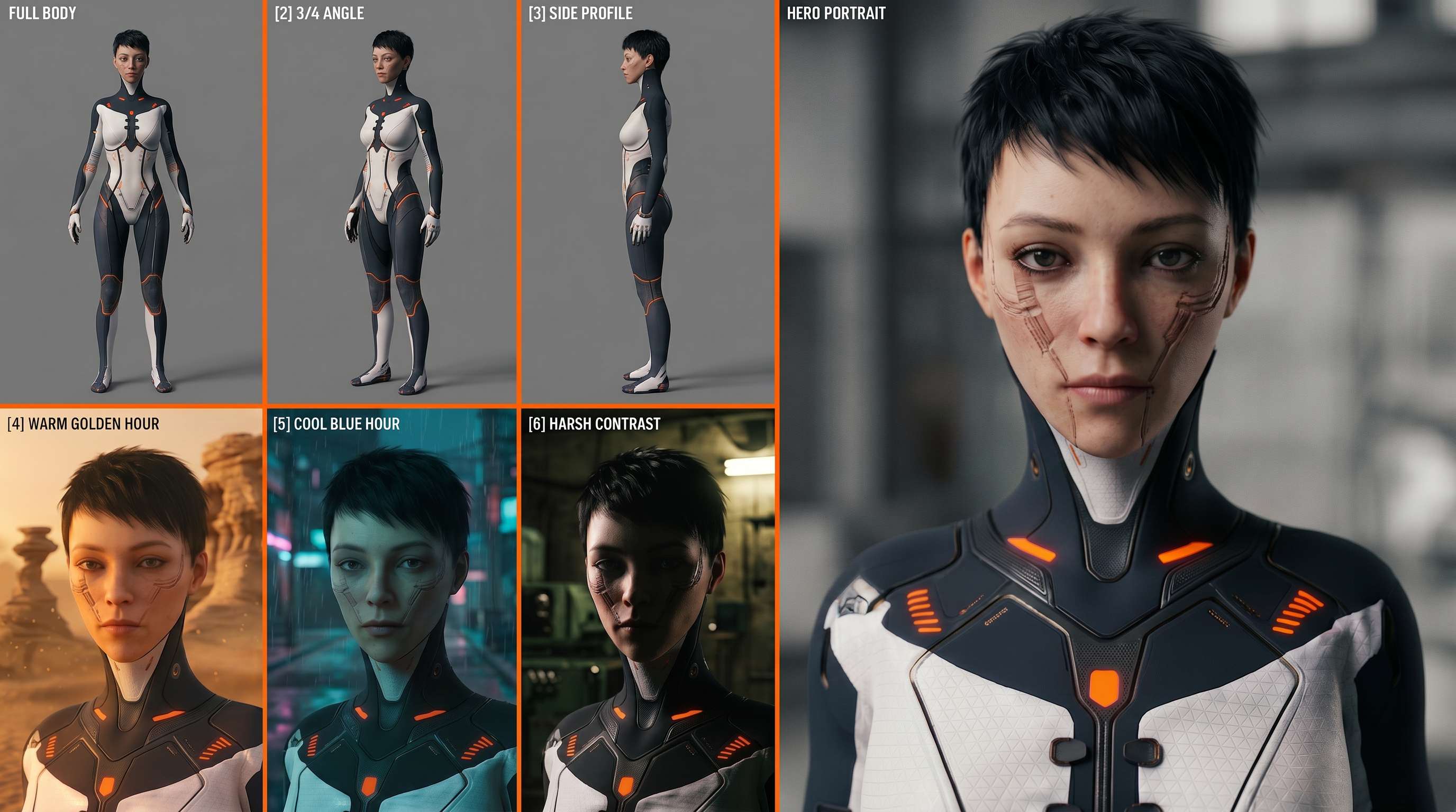 XEN — 7-view character sheet of new hero with short dark hair and tech suit